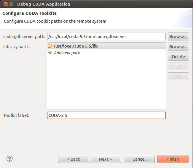 Nsight's Debug CUDA Application Wizard - Specifying gdbserver/library path